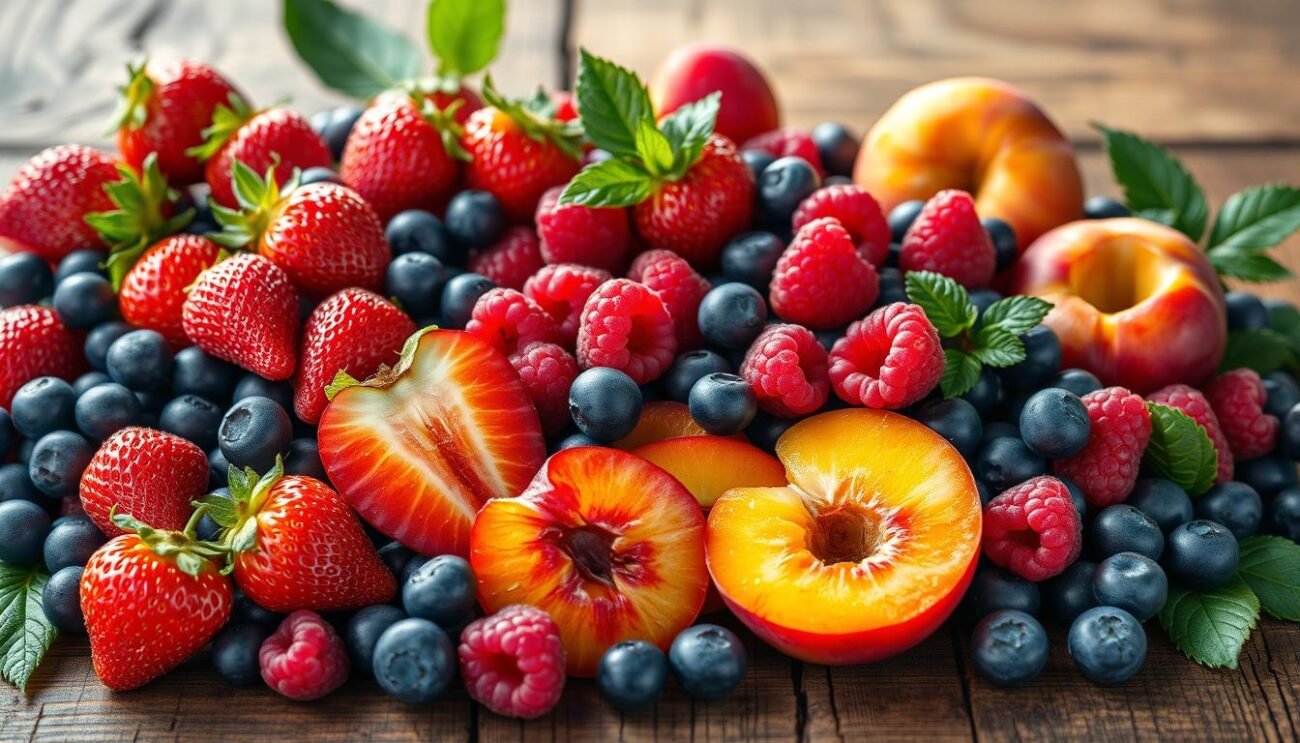 A lush, vibrant display of fresh, ripe fruits including juicy strawberries, plump blueberries, vibrant raspberries, and succulent peach slices, artfully arranged on a rustic wooden surface. The lighting is soft and natural, casting a warm, inviting glow over the scene. The composition is balanced and visually appealing, inviting the viewer to imagine the delicious preserves that could be crafted from this bounty of seasonal goodness. The overall mood is one of abundance, quality, and the simple pleasures of homemade jams and preserves.