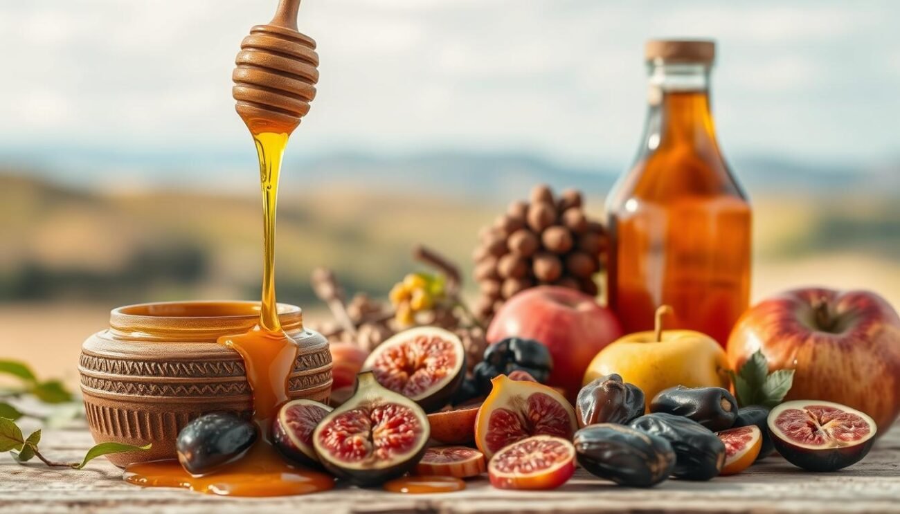 A lush, vibrant still life scene showcasing a variety of natural sweeteners. In the foreground, a golden drizzle of honey cascades from a rustic ceramic jar, contrasting with the warm, rich tones of maple syrup in a glass bottle. In the middle ground, an assortment of whole and sliced fruits, such as figs, dates, and apples, add pops of color and texture. The background features a soft, blurred landscape of rolling hills and a clear blue sky, creating a serene, countryside ambiance. The lighting is soft and diffused, highlighting the natural beauty and nuanced flavors of these alternative sweeteners. Captured with a high-quality camera lens, this image conveys the healthful and artisanal nature of these sweeteners, reflecting the benefits discussed in the article.
