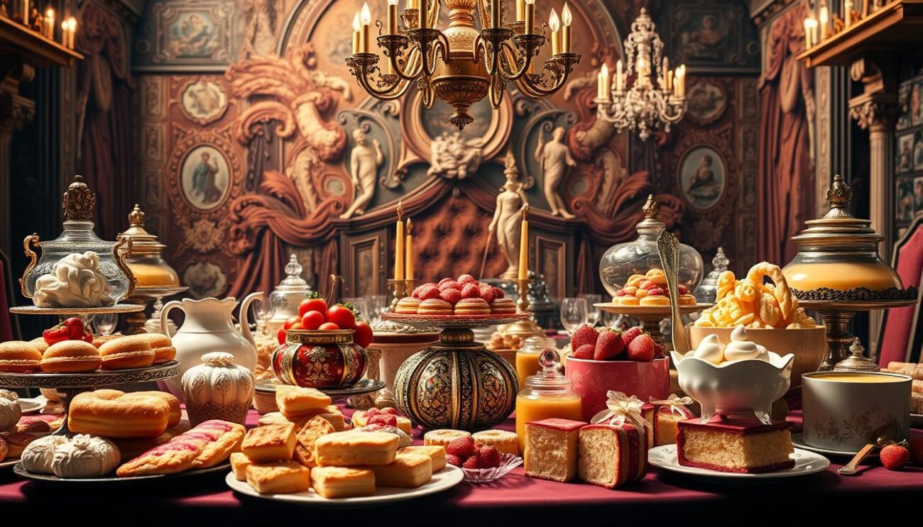 A magnificent still life of decadent "dolci rinascimentali" (Renaissance sweets) set against a sumptuous backdrop. In the foreground, an array of exquisitely crafted confections - flaky pastries, ornate sugar sculptures, and rich, creamy custards. The mid-ground showcases the elegant tableware and utensils of a Renaissance-era feast, while the background depicts the grandeur of a Renaissance court, with intricate tapestries, gilded chandeliers, and ornate architectural details. The lighting is soft and warm, evoking the opulent atmosphere of a bygone era. The overall composition and attention to historical accuracy and visual aesthetics capture the essence of the "Dolci del Rinascimento Italiano" and the "Caratteristiche dei Dolci Rinascimento Italiano" in vivid detail. A magnificent still life of decadent "dolci rinascimentali" (Renaissance sweets) set against a sumptuous backdrop. In the foreground, an array of exquisitely crafted confections - flaky pastries, ornate sugar sculptures, and rich, creamy custards. The mid-ground showcases the elegant tableware and utensils of a Renaissance-era feast, while the background depicts the grandeur of a Renaissance court, with intricate tapestries, gilded chandeliers, and ornate architectural details. The lighting is soft and warm, evoking the opulent atmosphere of a bygone era. The overall composition and attention to historical accuracy and visual aesthetics capture the essence of the "Dolci del Rinascimento Italiano" and the "Caratteristiche dei Dolci Rinascimento Italiano" in vivid detail.