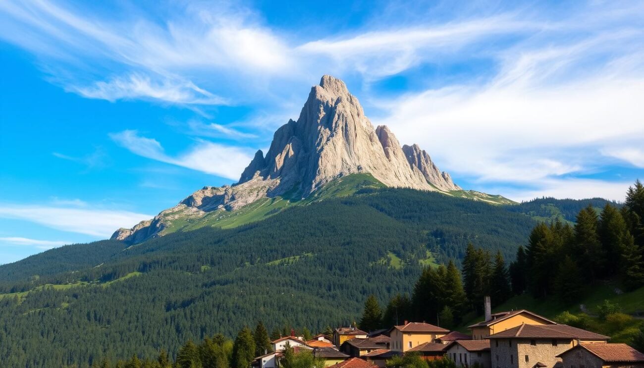 A majestic mountain peak reaching towards the heavens, Monte Grappa stands tall and proud, its rugged limestone cliffs and verdant slopes forming a dramatic backdrop. Wisps of cloud drift lazily across the azure sky, casting soft shadows over the rolling hills and dense forests below. The scene is one of timeless beauty, a testament to the untamed power of nature. In the foreground, a quaint village nestles at the base of the mountain, its terracotta roofs and stone walls blending seamlessly with the surrounding landscape. The air is crisp and clean, infused with the earthy scent of pine and the faint aroma of smoky cheese. This is the heart of the Morlacco del Grappa region, where the iconic Italian cheese is crafted with care and passion, its rich, aromatic flavor reflecting the unique terroir of this breathtaking mountain landscape.