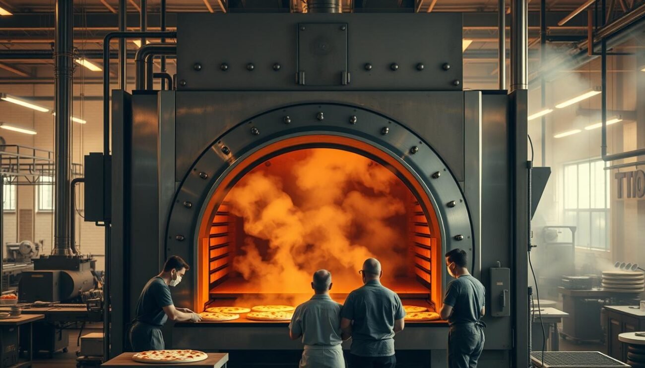 A massive, industrial-style pizza oven in a bustling factory setting. The oven stands tall, its sturdy steel frame and gleaming metal surface radiating heat and power. Billows of steam and smoke rise from the open door, hinting at the high-intensity baking within. In the foreground, a team of skilled workers tend to the pizza dough, carefully shaping and loading the pies into the oven's cavernous interior. The scene is bathed in warm, amber lighting, casting dramatic shadows and creating a sense of intensity and productivity. The background is filled with the hustle and bustle of the factory, with conveyor belts, machinery, and the occasional glimpse of other industrial equipment. The overall atmosphere is one of efficiency, innovation, and the evolution of traditional pizza-making techniques during the modern era.
