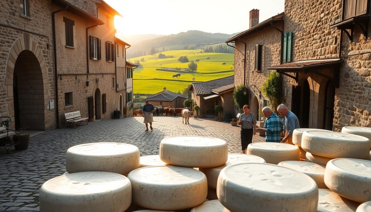 A medieval town nestled in the rolling hills of northern Italy, with a cobblestone square and quaint stone buildings. The warm glow of the afternoon sun filters through the archways, casting soft shadows across the facades. In the distance, a dairy farm can be seen, its lush green fields dotted with grazing cattle. The air is filled with the tantalizing aroma of aging cheese, as a group of local artisans carefully tend to the wheels of Gorgonzola, a regional delicacy with a rich history. The scene evokes a sense of timeless tradition, where the craftsmanship of the past meets the natural beauty of the present.
