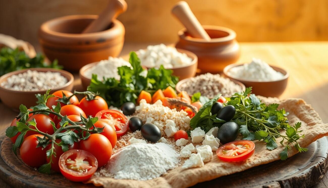 A meticulously arranged still life of ancient Greek "plakous" ingredients, bathed in warm, golden light. In the foreground, an assortment of freshly harvested vegetables - ripe tomatoes, crisp cucumbers, and vibrant herbs - artfully displayed on a rustic, earthenware plate. The midground features a selection of whole grain flours, olives, and crumbled feta cheese, hinting at the traditional preparation methods. In the background, a terracotta mortar and pestle, along with a drizzle of golden olive oil, evoke the authentic flavors and textures of this ancient Greek flatbread. The overall composition conveys a sense of timeless simplicity and the culinary heritage of the Hellenic world. A meticulously arranged still life of ancient Greek "plakous" ingredients, bathed in warm, golden light. In the foreground, an assortment of freshly harvested vegetables - ripe tomatoes, crisp cucumbers, and vibrant herbs - artfully displayed on a rustic, earthenware plate. The midground features a selection of whole grain flours, olives, and crumbled feta cheese, hinting at the traditional preparation methods. In the background, a terracotta mortar and pestle, along with a drizzle of golden olive oil, evoke the authentic flavors and textures of this ancient Greek flatbread. The overall composition conveys a sense of timeless simplicity and the culinary heritage of the Hellenic world.