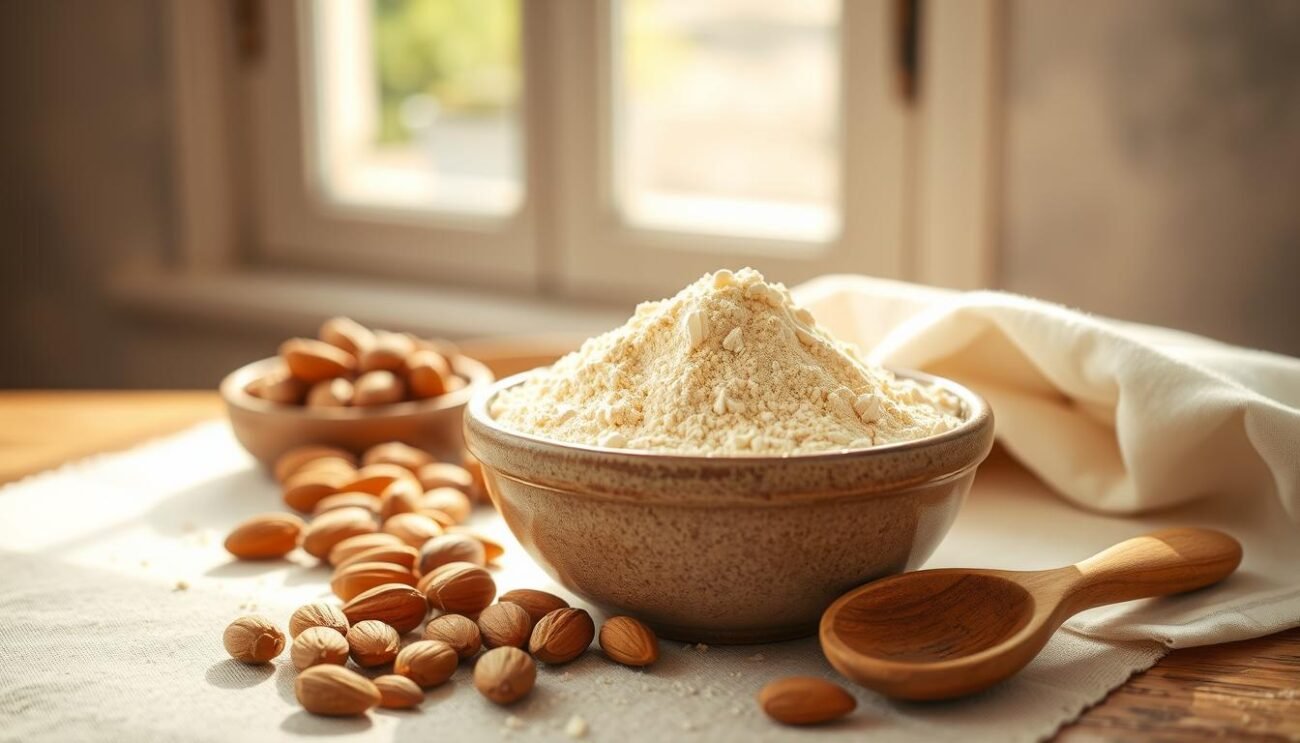 A meticulously arranged still life showcasing farina di mandorle, a versatile almond flour. Warm sunlight filters through a large window, casting a soft glow on the delicate golden powder neatly piled in a rustic ceramic bowl. Surrounding it, a handful of whole almonds in their shells, a wooden spoon, and a clean white linen cloth, evoking the traditional baking and cooking methods of the Italian kitchen. The composition emphasizes the natural beauty and culinary versatility of this essential ingredient, perfect for crafting classic Italian desserts without added sugar. A meticulously arranged still life showcasing farina di mandorle, a versatile almond flour. Warm sunlight filters through a large window, casting a soft glow on the delicate golden powder neatly piled in a rustic ceramic bowl. Surrounding it, a handful of whole almonds in their shells, a wooden spoon, and a clean white linen cloth, evoking the traditional baking and cooking methods of the Italian kitchen. The composition emphasizes the natural beauty and culinary versatility of this essential ingredient, perfect for crafting classic Italian desserts without added sugar.