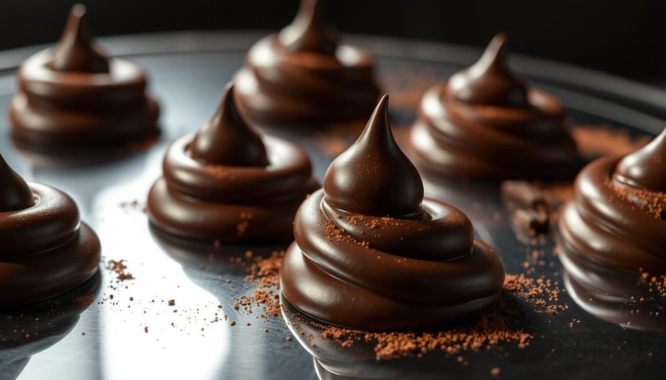 A meticulously crafted dark chocolate ganache, the centerpiece of this tempting confection. Silky smooth texture, a rich, velvety sheen, and a deep, intense cocoa aroma. Dollops of the luscious ganache, expertly piped or smoothed, sit atop a gleaming mirror-like surface. Dramatic lighting casts shadows that accentuate the ganache's luxurious appearance, while a light dusting of cocoa powder adds a refined touch. The overall scene exudes an air of indulgence and culinary mastery, perfectly capturing the essence of this decadent chocolate creation.