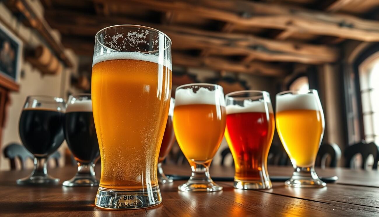 A meticulously crafted table setting, showcasing the perfect serving temperatures for an array of beer styles. In the foreground, a gleaming glass of golden lager, its crisp carbonation dancing in the soft, natural light. The middle ground features a collection of beer glasses, each filled with a different brew - a rich, chocolatey stout, a zesty IPA, and a refreshing wheat beer. The background is a cozy, rustic Italian setting, with weathered wooden beams and earthy tones, creating a warm and inviting atmosphere. The overall scene conveys a sense of expertise and attention to detail, perfectly suited to illustrate the comprehensive "Tabella Completa delle Temperature di Servizio" for beer enthusiasts.
