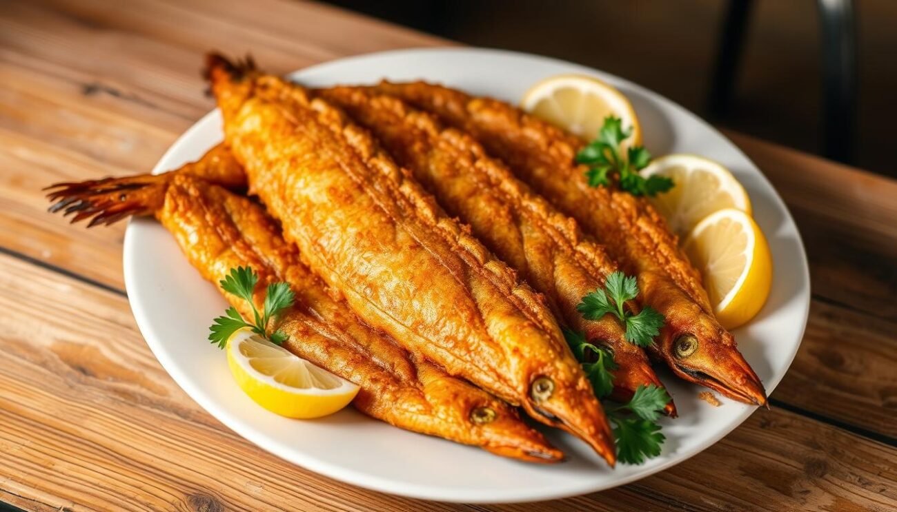 A meticulously prepared platter of golden-brown fried eel, known as "anguilla fritta", rests on a rustic wooden surface. The eel's crispy exterior glistens under the warm, soft lighting, revealing its tender, flaky flesh within. Vibrant green sprigs of parsley and a few lemon wedges adorn the plate, adding a touch of freshness and a hint of acidity to complement the rich, savory flavors. The scene evokes the traditional culinary heritage of the Marche region in Italy, where this beloved dish is a cherished part of the local cuisine. A meticulously prepared platter of golden-brown fried eel, known as "anguilla fritta", rests on a rustic wooden surface. The eel's crispy exterior glistens under the warm, soft lighting, revealing its tender, flaky flesh within. Vibrant green sprigs of parsley and a few lemon wedges adorn the plate, adding a touch of freshness and a hint of acidity to complement the rich, savory flavors. The scene evokes the traditional culinary heritage of the Marche region in Italy, where this beloved dish is a cherished part of the local cuisine.