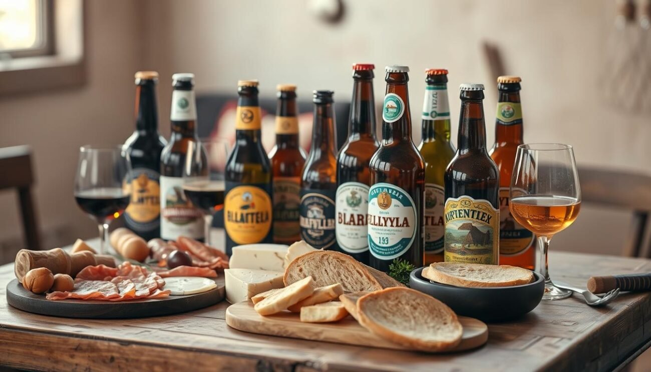 A meticulously styled still life scene showcasing an array of artisanal Italian craft beers, elegantly arranged on a rustic wooden table. In the foreground, an assortment of mouthwatering aperitivo-style accompaniments, such as cured meats, aged cheeses, and artisanal bread, create a harmonious pairing. The middle ground features the beer bottles, each with its distinctive label design, capturing the essence of Italian brewing traditions. The background is softly blurred, allowing the focus to remain on the delectable spread. Warm, natural lighting casts a cozy, inviting ambiance, accentuating the rich colors and textures of the scene. The overall composition exudes a sense of sophistication and connoisseurship, perfectly reflecting the theme of "Abbinamenti Perfetti: Cosa Servire con le Birre Artigianali all'Aperitivo". A meticulously styled still life scene showcasing an array of artisanal Italian craft beers, elegantly arranged on a rustic wooden table. In the foreground, an assortment of mouthwatering aperitivo-style accompaniments, such as cured meats, aged cheeses, and artisanal bread, create a harmonious pairing. The middle ground features the beer bottles, each with its distinctive label design, capturing the essence of Italian brewing traditions. The background is softly blurred, allowing the focus to remain on the delectable spread. Warm, natural lighting casts a cozy, inviting ambiance, accentuating the rich colors and textures of the scene. The overall composition exudes a sense of sophistication and connoisseurship, perfectly reflecting the theme of "Abbinamenti Perfetti: Cosa Servire con le Birre Artigianali all'Aperitivo".