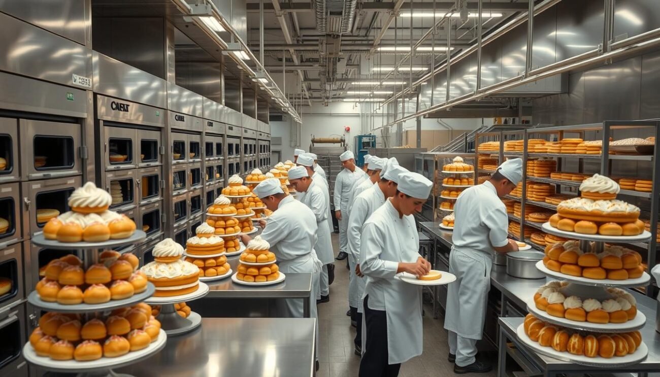 A modern Italian industrial bakery, filled with rows of gleaming metal ovens and stainless steel workstations. The air is thick with the aroma of freshly baked brioche and croissants. Workers in crisp white uniforms efficiently assemble tiered cakes, decorating them with intricate piped designs. Overhead, industrial lighting casts a warm glow, highlighting the precision and expertise of this large-scale pastry production. In the background, automated machinery kneads dough and fills pastry cases, a testament to the technological advancements that have revolutionized traditional Italian baking techniques. The scene exudes a sense of efficiency, quality, and the proud heritage of Italian craftsmanship.