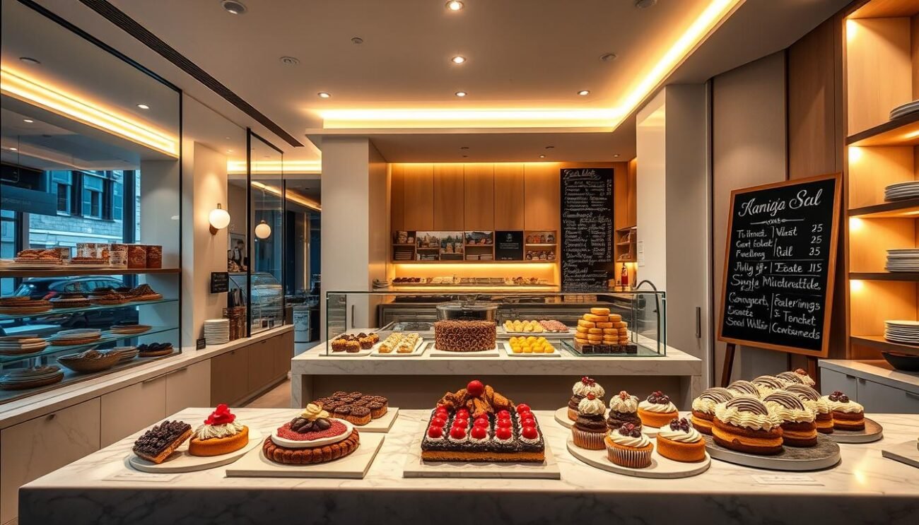 A modern Italian pastry shop with an inviting display of mouthwatering confections. The storefront has large windows showcasing a sleek, minimalist interior with clean lines and neutral tones. Overhead lighting casts a warm, golden glow, creating a cozy and sophisticated ambiance. In the foreground, tempting pastries and desserts are artfully arranged on marble countertops, their rich colors and intricate decorations enticing passersby. In the background, a chalkboard menu board displays the day's offerings in elegant calligraphy. The overall scene conveys a sense of tradition and innovation, where classic Italian baking meets contemporary design.