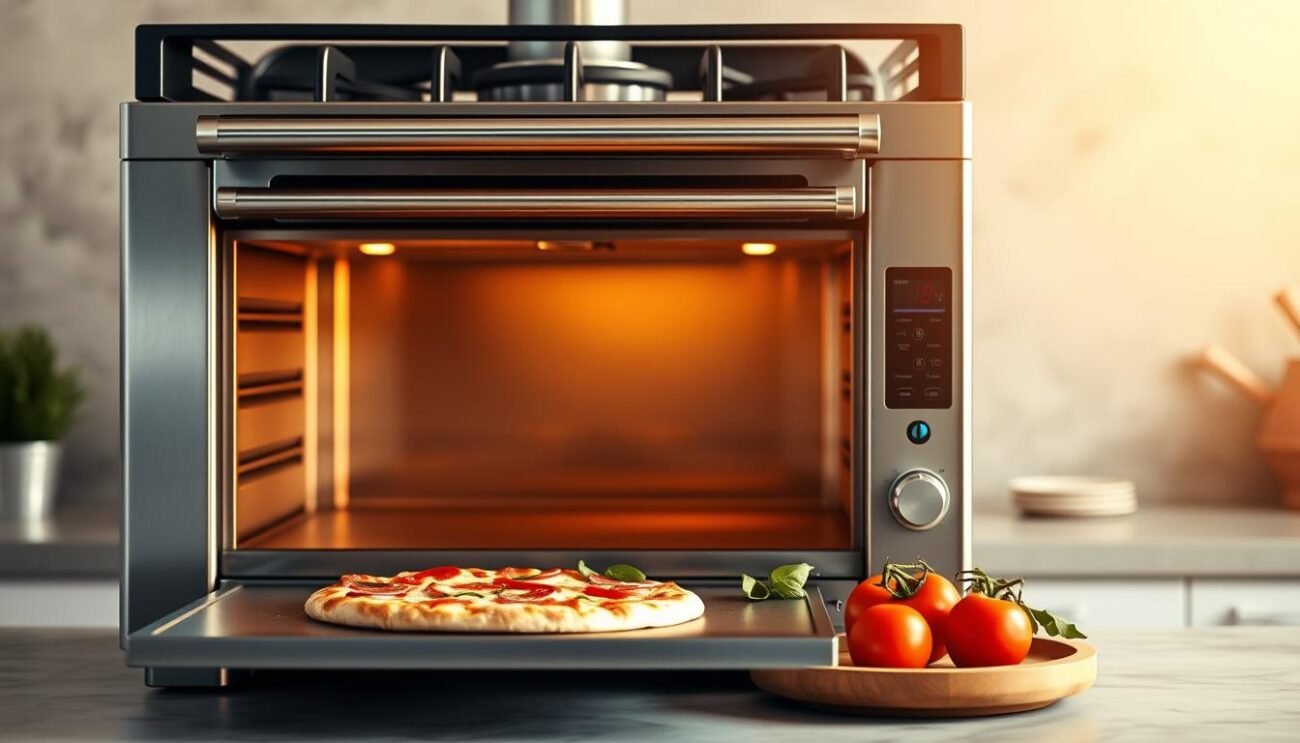 A modern gas-powered pizza oven standing in a bright, airy kitchen. The sleek, stainless steel appliance dominates the foreground, its clean lines and chrome accents gleaming under the warm, diffused lighting. In the middle ground, fresh ingredients - dough, tomatoes, basil - are neatly arranged, ready for the chef's skilled hands. The background fades into a blurred, neutral-toned wall, allowing the focus to remain solely on the oven and its promise of perfectly baked, Neapolitan-style pizzas. The overall mood is one of efficiency, precision, and the delicious rewards of culinary craft.