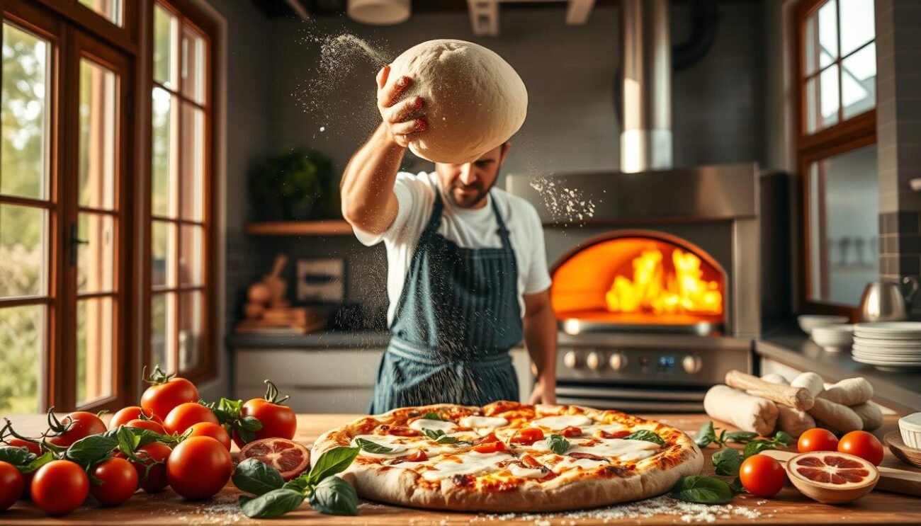 A modern kitchen interior, flooded with warm, natural light from large windows. In the center, a skilled pizzaiolo expertly stretches and tosses a perfectly round dough, the flecks of flour dancing in the air. Surrounding him, a array of fresh, colorful ingredients - juicy tomatoes, fragrant basil, slices of creamy mozzarella. In the background, a state-of-the-art pizza oven, its flames licking the edges of a perfectly blistered crust. The pizzaiolo's movements are fluid and practiced, a testament to generations of Italian pizza-making tradition passed down through the years. The scene captures the vibrant, contemporary pizza culture that has taken root in America, a melding of Old World artistry and New World innovation.