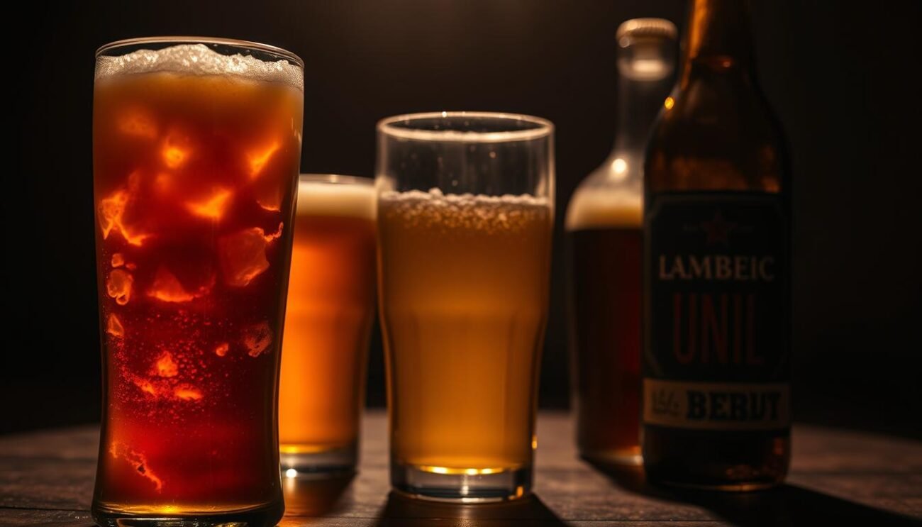 A moody, atmospheric image showcasing various beer defects commonly encountered in different beer styles. In the foreground, a cloudy, murky amber ale with visible sediment and off-flavors. In the middle ground, a flat, lifeless pilsner with no head retention. In the background, a sour, acidic lambic with a vinegar-like aroma. Captured under warm, dramatic lighting that casts long shadows, the scene evokes a sense of disappointment and imperfection. The composition highlights the diverse range of flaws that can affect beer, from oxidation and infection to improper fermentation and serving conditions.