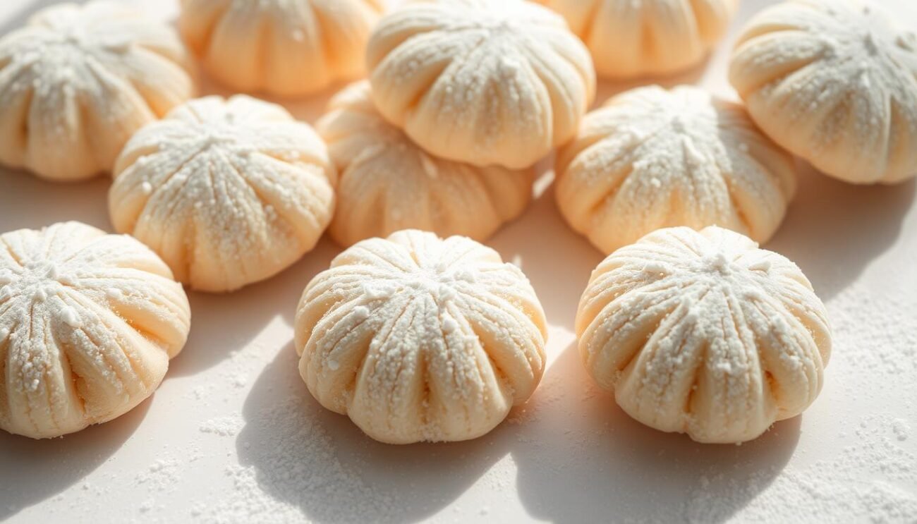 A mouth-watering arrangement of delicate, almond-based ricciarelli cookies, dusted with a light coating of powdered sugar. The soft, pillowy treats are arranged in a visually appealing manner, with natural lighting casting a warm, inviting glow. The cookies are presented on a clean, minimalist surface, allowing their delicate textures and subtle flavors to take center stage. The overall scene conveys a sense of rustic elegance, perfectly complementing the "Varianti e Personalizzazioni" section of the article on Ricciarelli Proteici. A mouth-watering arrangement of delicate, almond-based ricciarelli cookies, dusted with a light coating of powdered sugar. The soft, pillowy treats are arranged in a visually appealing manner, with natural lighting casting a warm, inviting glow. The cookies are presented on a clean, minimalist surface, allowing their delicate textures and subtle flavors to take center stage. The overall scene conveys a sense of rustic elegance, perfectly complementing the "Varianti e Personalizzazioni" section of the article on Ricciarelli Proteici.