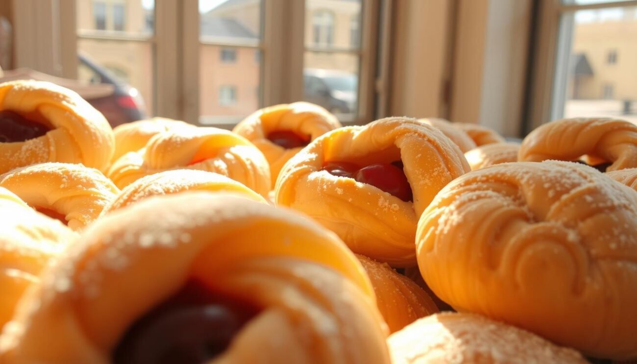 A mouth-watering display of delectable pastries, freshly baked with a light, airy texture that beckons the senses. Soft, golden-hued dough rises gracefully, its surface dusted with a delicate sprinkling of powdered sugar. Sunlight filters through a large window, casting a warm, inviting glow that illuminates the pastries' intricate shapes and patterns. Glossy, fruit-filled fillings peek out, their vibrant colors a testament to the care and attention put into their creation. The scene exudes a sense of comfort and indulgence, inviting the viewer to imagine the satisfying experience of savoring each bite.