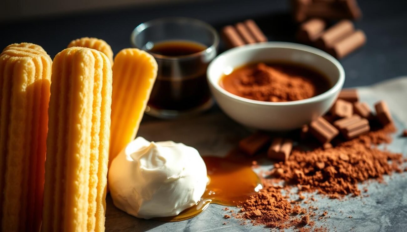 A mouthwatering arrangement of the key ingredients for a delectable sugar-free tiramisu, bathed in soft, natural lighting. In the foreground, ripe ladyfingers (savoiardi) stand upright, their texture inviting. Beside them, a shallow bowl of rich, creamy mascarpone cheese, its surface gleaming. Nestled in the middle ground, a drizzle of golden acacia honey, its amber hues casting a warm glow. In the background, an artfully scattered array of freshly brewed espresso and unsweetened cocoa powder, hinting at the indulgent flavors to come. The overall scene exudes an air of rustic elegance, setting the stage for a healthier, yet decadent interpretation of the classic Italian dessert.