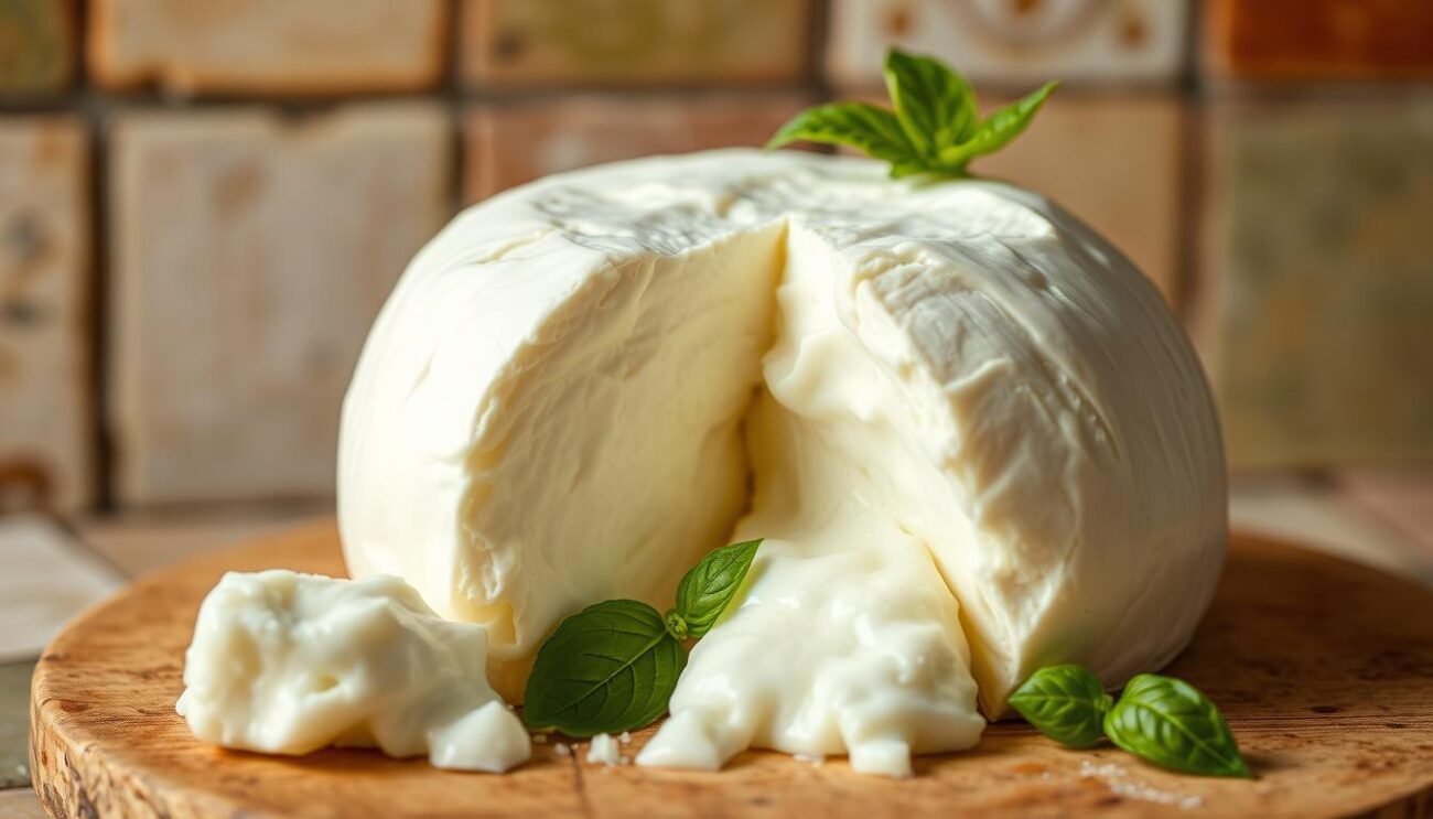 A mouthwatering close-up of a freshly sliced Burrata di Andria IGP, the prized queen of Apulian cheese. The soft, creamy interior spills out, revealing its delicate texture and tantalizing flavor. Showcased against a rustic background of traditional Italian ceramic tiles, the cheese glistens under warm, natural lighting that accentuates its milky white hue. Garnished with a few fresh basil leaves, this iconic delicacy embodies the essence of the Puglia region's rich culinary heritage and artisanal craftsmanship.