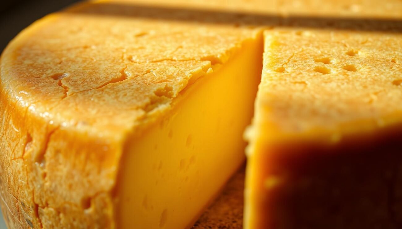 A mouthwatering close-up of a rich, golden-hued cheese wheel, its rind textured with a delicate web of cracks. The interior reveals a creamy, smooth consistency with a scattering of small holes, indicating a semi-hard, full-bodied texture. Warm, natural lighting bathes the scene, casting soft shadows and highlighting the cheese's nuanced tones. The overall composition evokes a sense of artisanal craftsmanship and traditional Italian dairy production, perfectly capturing the "Caratteristiche Organolettiche" of the Nostrano Valtrompia DOP cheese.