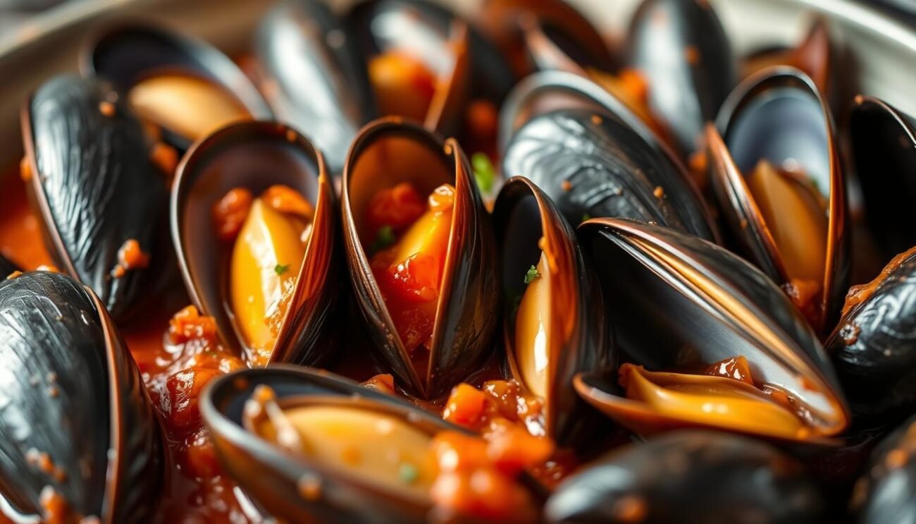 A mouthwatering close-up of fresh, plump mussels swimming in a rich, tomato-based marinara sauce. The mussels glisten in the warm, golden light, their shells slightly open, revealing the tender, briny meat inside. The sauce is a vibrant blend of ripe tomatoes, garlic, white wine, and fragrant herbs, creating a captivating aroma that fills the frame. The composition is simple yet elegant, placing the star of the dish - the mussels - front and center, with a softly blurred background that suggests a cozy, seaside setting. The overall mood is one of authentic, Italian coastal cuisine, inviting the viewer to savor the flavors of the Friulian sea.
