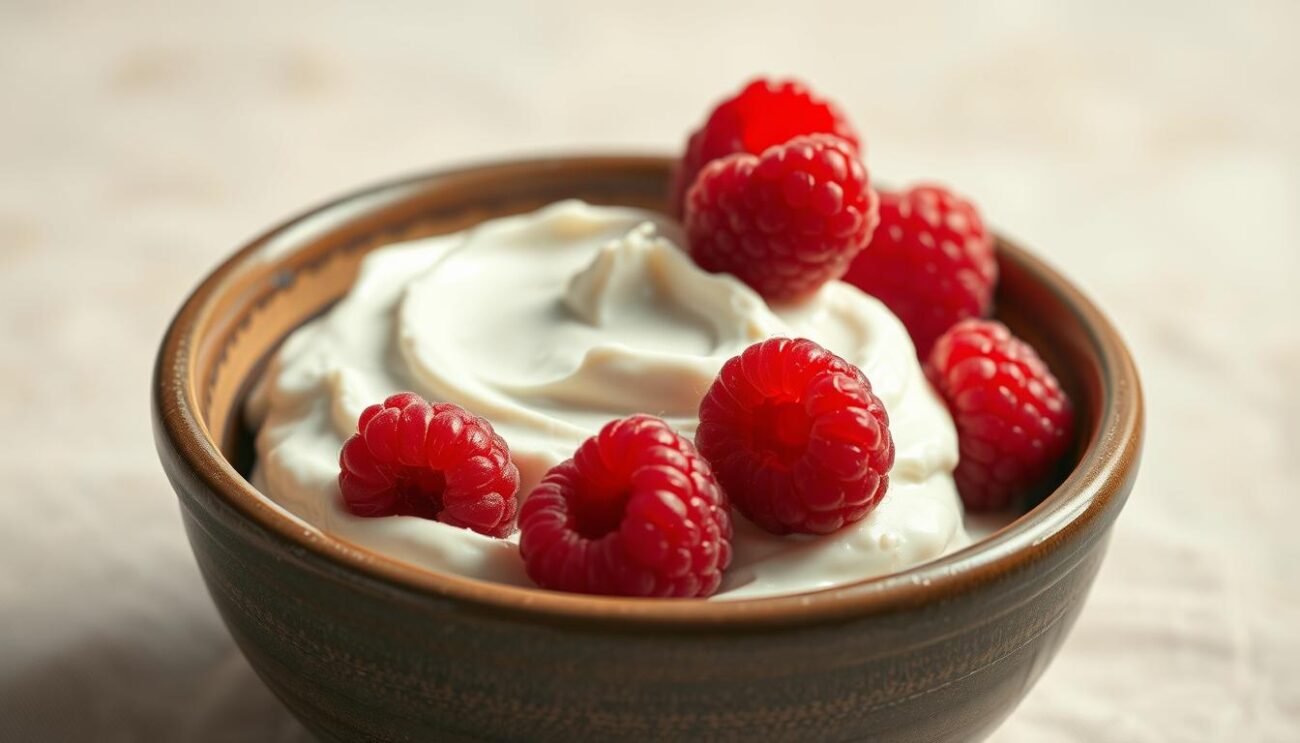 A mouthwatering close-up shot of a traditional Greek yogurt, presented in a rustic ceramic bowl. The creamy, thick texture is visible, with a slight sheen from the natural fats. The yogurt is garnished with vibrant red raspberries, their juicy, glistening appearance adding a delightful contrast. The bowl is set against a soft, neutral background, allowing the yogurt to take center stage. Gentle, warm lighting casts a cozy, inviting atmosphere, highlighting the premium quality and artisanal nature of this versatile dairy product. A mouthwatering close-up shot of a traditional Greek yogurt, presented in a rustic ceramic bowl. The creamy, thick texture is visible, with a slight sheen from the natural fats. The yogurt is garnished with vibrant red raspberries, their juicy, glistening appearance adding a delightful contrast. The bowl is set against a soft, neutral background, allowing the yogurt to take center stage. Gentle, warm lighting casts a cozy, inviting atmosphere, highlighting the premium quality and artisanal nature of this versatile dairy product.