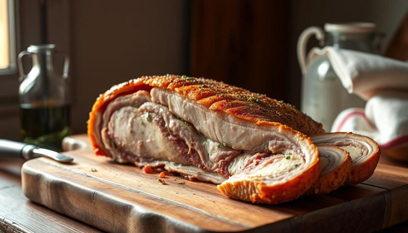 A mouthwatering porchetta ariccia, slow-roasted to perfection, glistening with crisp, golden skin and infused with a harmonious blend of aromatic herbs and seasonings. The succulent pork belly, carefully seasoned and rolled, sits atop a rustic wooden cutting board, ready to be sliced and savored. The scene is bathed in warm, natural lighting, casting a rich, inviting glow that accentuates the dish's authentic, traditional qualities. In the background, a simple yet elegant setting suggests a quaint Italian countryside, hinting at the centuries-old heritage and artisanal craftsmanship behind this celebrated regional delicacy.