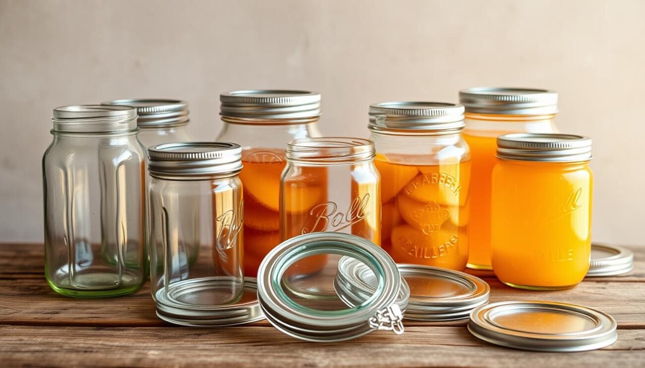 A neatly arranged assortment of sterilized glass jars and lids, gleaming under the warm glow of soft lighting. The jars, in various sizes, sit atop a rustic wooden surface, their surfaces reflecting the natural textures of the wood. In the background, a backdrop of neutral tones complements the simple, elegant composition, creating a sense of tranquility and focus on the tools of the trade. The image conveys a sense of care, precision, and attention to detail, befitting the preparation of homemade preserves without added sugar.