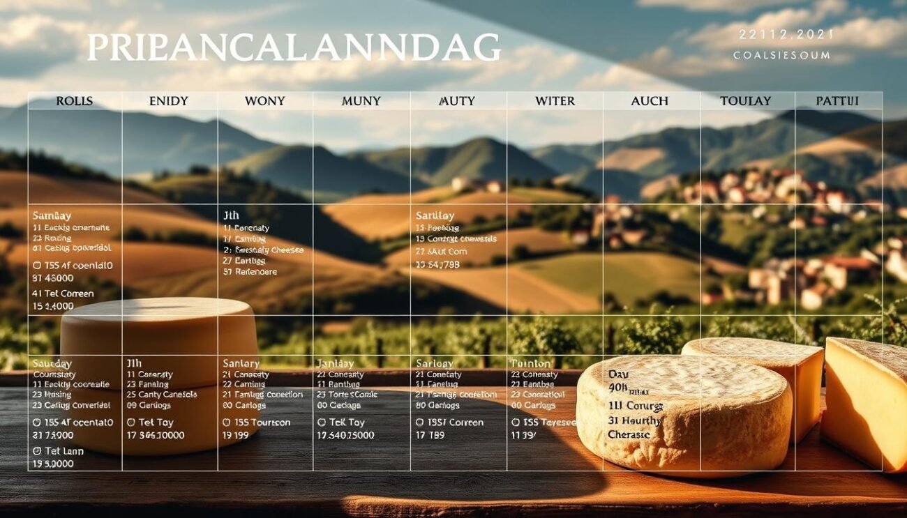 A neatly organized calendar of artisanal cheesemaking courses, set against a backdrop of Italian landscapes. Crisp, high-contrast images of cheese wheels, rolling hills, and quaint villages create a visually appealing tableau. The calendar's layout is clean and modern, with clear delineation of course dates, locations, and topics. Warm, earthy tones evoke the rustic charm of traditional Italian cheesemaking. Dramatic lighting casts dramatic shadows, drawing the viewer's eye to the key details. The overall atmosphere is one of artisanal expertise, cultural heritage, and pastoral tranquility.
