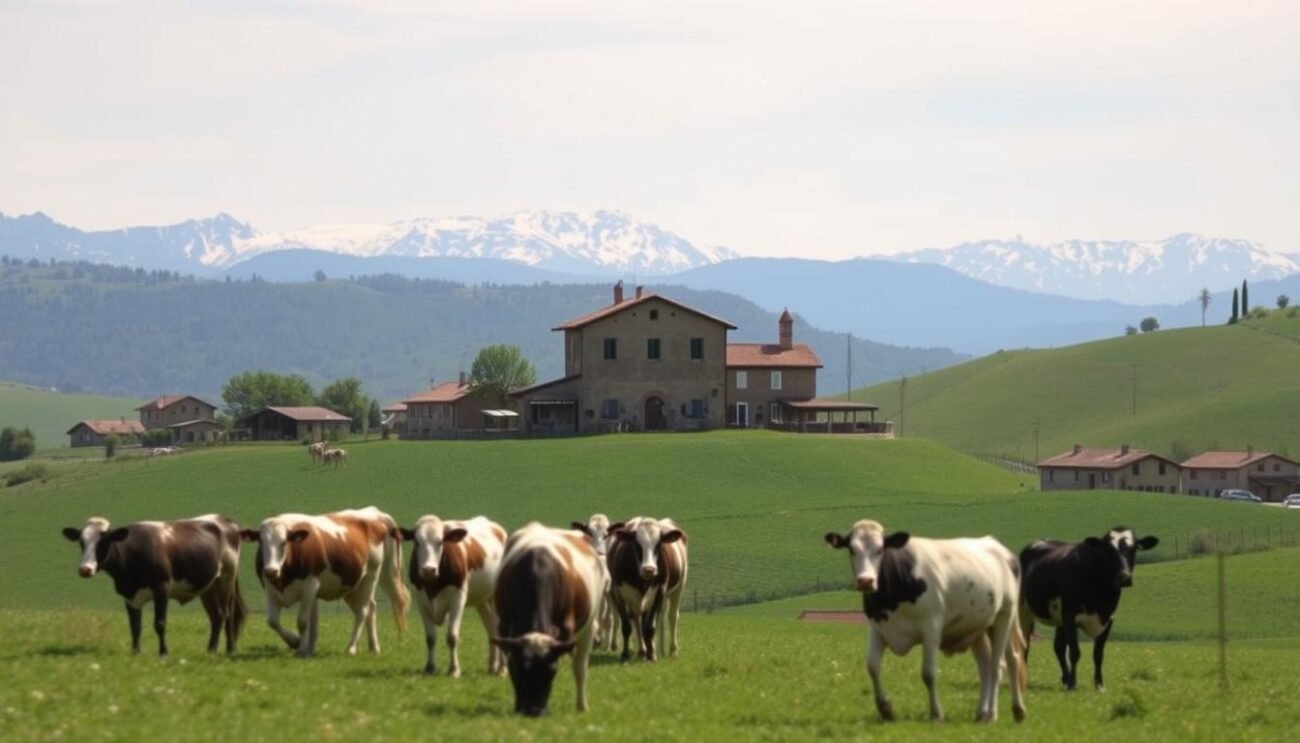A pastoral landscape of rolling hills, dotted with charming farmhouses and verdant fields. In the foreground, a herd of dairy cows graze contentedly, their gentle movements captured in a soft, natural light. In the middle ground, a traditional Parmigiano Reggiano caseificio, or cheese factory, stands proudly, its weathered facade and terra cotta tiles evoking the region's rich heritage. The background is framed by the majestic peaks of the Apennine mountains, their snow-capped summits glimmering in the distance. The scene exudes a sense of timelessness and harmony, reflecting the enduring tradition of Parmigiano Reggiano production in this picturesque corner of Italy.