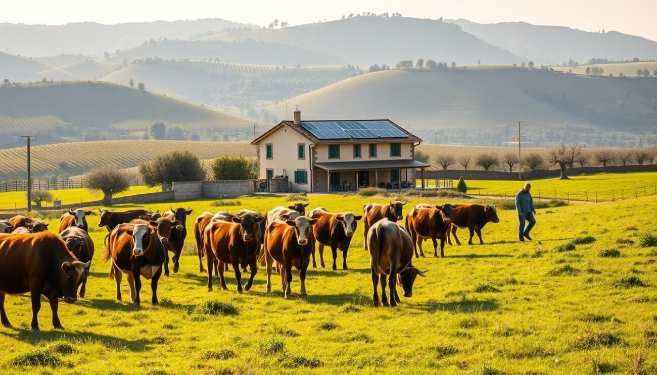 A pastoral scene depicting sustainable cattle farming in the Italian countryside. In the foreground, a herd of well-cared-for cattle grazes on lush, verdant pastures, with a farmer tending to their needs. The middle ground features a traditional farmhouse with solar panels on the roof, showcasing the integration of modern renewable energy. In the background, rolling hills dotted with olive trees and vineyards create a picturesque, eco-friendly landscape. The lighting is soft and natural, with a warm, golden glow that enhances the scene's tranquility. The overall atmosphere conveys a sense of harmony between agricultural production and environmental stewardship, reflecting the values of sustainable meat production.