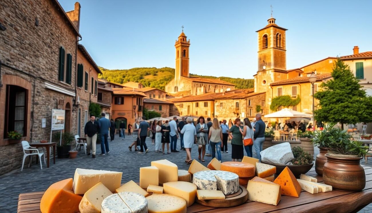 A picturesque Italian borgo nestled in the rolling hills, its charming stone buildings and winding cobblestone streets bathed in warm, golden afternoon light. In the foreground, an array of artisanal cheeses arranged on a rustic wooden table, their diverse textures and flavors beckoning to be savored. The middle ground reveals locals and visitors gathered, engaged in lively conversation and laughter, while in the background, the iconic bell tower of the local church stands tall, a timeless sentinel overlooking the scene. The overall atmosphere exudes a sense of timeless tradition, culinary delights, and the enchanting allure of the Italian countryside.
