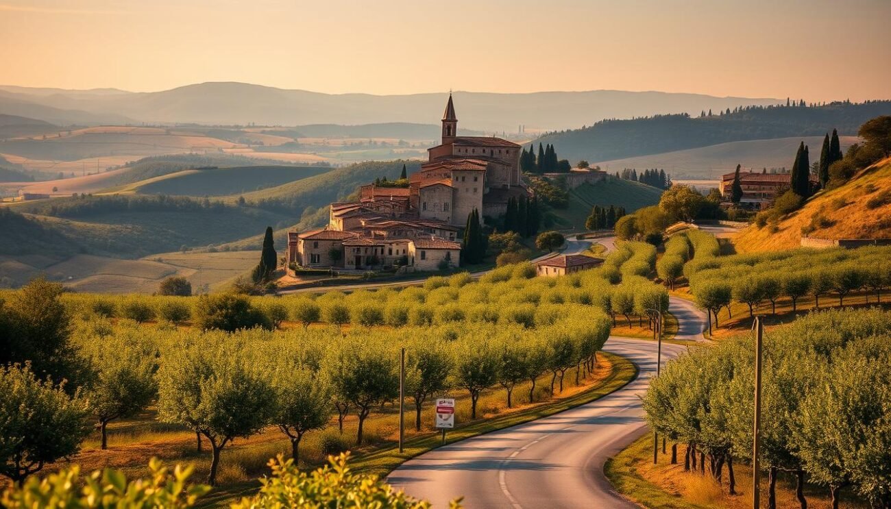 A picturesque Italian countryside scene, showcasing the rolling hills and charming villages of Tuscany and Umbria. In the foreground, a winding road leads through lush, verdant vineyards, dotted with quaint stone farmhouses and olive groves. In the middle ground, a medieval hilltop town emerges, its cobblestone streets and terracotta roofs bathed in warm, golden light. In the distance, a patchwork of rolling hills and forests stretch out, punctuated by the occasional church steeple or cypress tree. The scene is imbued with a sense of timeless tranquility, capturing the essence of the Italian "borghi" experience. Soft, diffused lighting creates a serene, atmospheric quality, inviting the viewer to imagine themselves wandering the streets and sampling the local cheeses and delicacies.