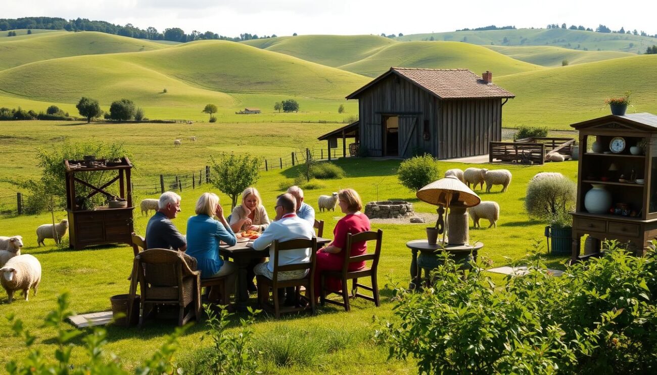 A picturesque Italian farmhouse nestled in rolling green hills, surrounded by lush orchards and grazing sheep. In the foreground, a family gathers around a rustic wooden table, enjoying a hearty homemade meal made with fresh farm-to-table ingredients. Warm sunlight filters through the windows, casting a cozy, inviting glow. Antique furniture and knick-knacks adorn the space, evoking a sense of timeless simplicity. In the background, a small barn stands proudly, its weathered wooden facade hinting at the generations of hard work and tradition that have shaped this pastoral idyll. An atmosphere of tranquility and connection to the land permeates the scene, capturing the essence of a countryside vacation in Italy.
