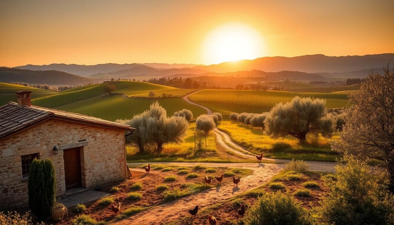 A picturesque Italian rural landscape, bathed in warm golden light from a setting sun. In the foreground, a small farmhouse with weathered stone walls and a terracotta roof, surrounded by a lush vegetable garden and a few chickens pecking in the dirt. In the middle ground, a winding dirt path leads through a rolling hillside dotted with olive trees, their silvery leaves gently swaying. In the distance, a patchwork of verdant fields and vineyards stretch out, framed by the majestic silhouettes of the Apennine mountains. The scene exudes a sense of timeless tranquility and rustic charm, capturing the essence of traditional Italian countryside living.
