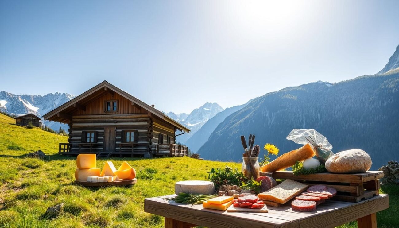 A picturesque alpine meadow, bathed in warm summer sunlight, where a rustic wooden chalet stands proudly. On its porch, an assortment of traditional mountain cheeses are displayed, their rich, aromatic textures and golden hues beckoning the senses. Nearby, a wooden table is laden with freshly baked bread, cured meats, and crisp greens, creating a tantalizing feast for the eyes. In the distance, snow-capped peaks rise majestically, framing this idyllic pastoral scene. The atmosphere is one of rustic charm and artisanal craftsmanship, inviting the viewer to imagine the flavors and traditions of this summer mountain festival.