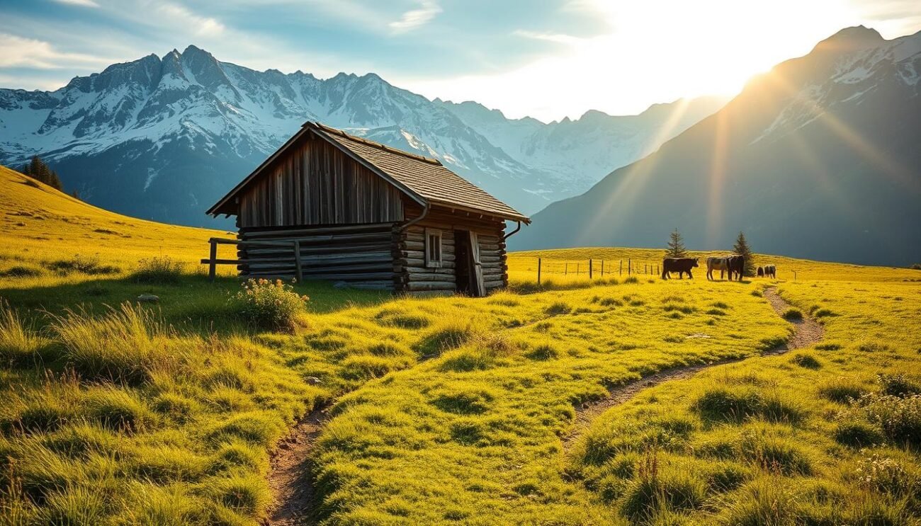 A picturesque alpine meadow nestled in the heart of the Italian mountains, with a traditional malga (mountain dairy farm) standing proudly against the backdrop of snow-capped peaks. The warm, golden light of the afternoon sun casts a cozy glow over the weathered wooden structure, its rustic charm complemented by the lush, verdant grasses and wildflowers that surround it. In the foreground, a winding path leads towards the malga, inviting the viewer to explore this enchanting slice of Italian mountain heritage. The scene exudes a sense of timeless tranquility, a perfect embodiment of the rich cultural and culinary traditions found in these elevated pastoral retreats.