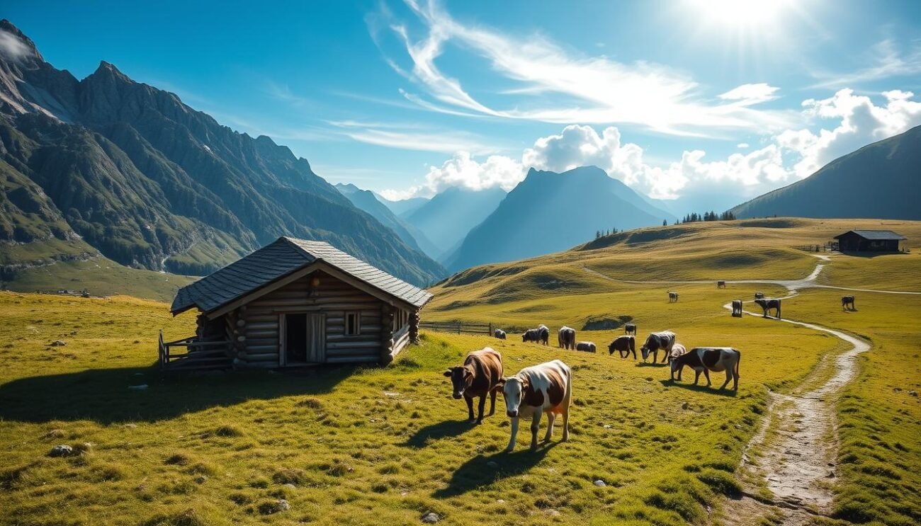 A picturesque alpine pasture nestled in the scenic Alto Adige region, framed by towering peaks and lush meadows. A rustic wooden hut stands proudly, its weathered exterior a testament to the region's rich dairy farming traditions. Cows graze peacefully, their bells chiming in the crisp mountain air. Sunlight filters through wispy clouds, casting a warm glow over the serene landscape. In the distance, a winding path leads to other such "malghe," the traditional high-altitude dairy farms that have sustained local communities for generations. This image captures the essence of quality mountain tourism, where natural beauty and time-honored practices converge.