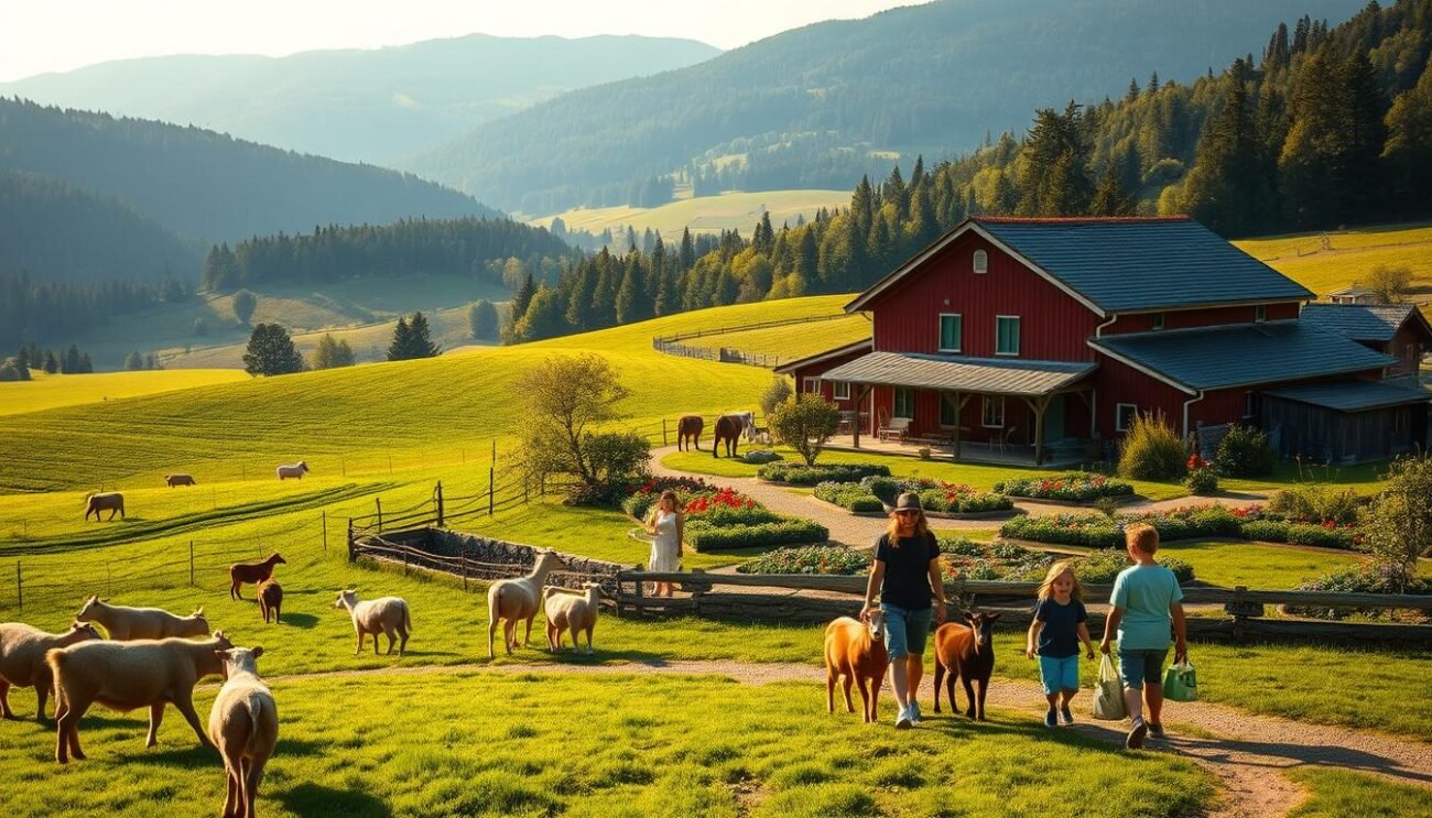 A picturesque farm nestled in the rolling Italian countryside, with a charming red barn, lush green fields, and a small herd of friendly animals grazing peacefully. In the foreground, a family explores the farm, interacting with the animals and learning about sustainable agriculture. The warm, golden sunlight bathes the scene, creating a welcoming and inviting atmosphere. The middle ground features a quaint farmhouse, surrounded by colorful flower beds and a vegetable garden, where visitors can sample fresh produce and homemade products. In the background, rolling hills and dense forests provide a serene backdrop, conveying a sense of tranquility and connection to nature.
