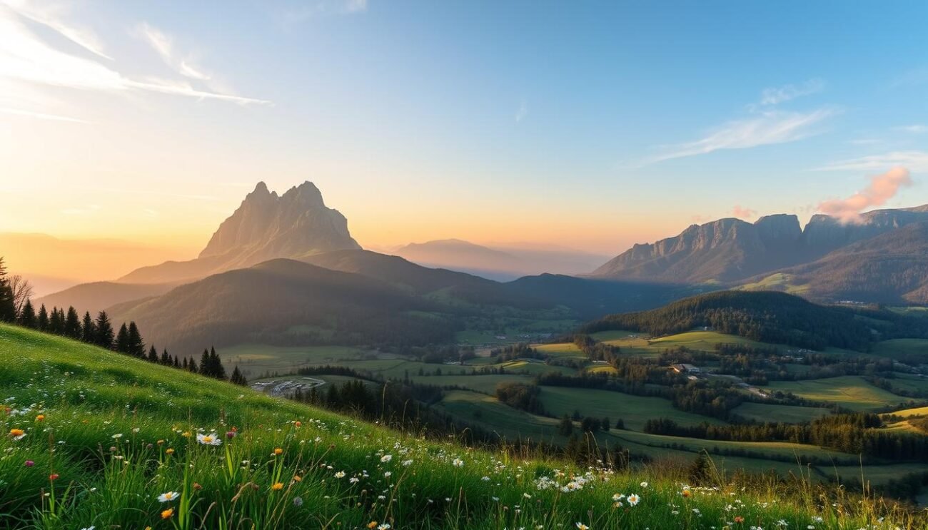 A picturesque landscape of the iconic Monte Grappa, with its rugged peaks reaching skyward against a breathtaking backdrop. In the foreground, lush, verdant meadows dotted with wildflowers sway gently in the mountain breeze. The middle ground reveals a patchwork of farmland, where the pastoral heritage of the region is evident. In the distance, the silhouettes of ancient forests cling to the slopes, casting a soothing, earthy tone over the scene. Warm, golden sunlight filters through wispy clouds, casting a serene, almost ethereal glow over the entire vista. The scene evokes a sense of tranquility and connection to the natural world, perfectly capturing the essence of the Morlacco del Grappa territory.