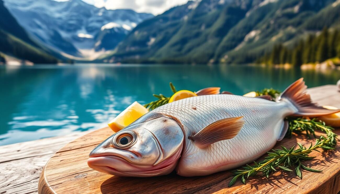 A picturesque mountain lake, its waters a pristine blue-green, surrounded by towering peaks capped with snow. In the foreground, a freshly caught "pesce di lago" - a delicate lake fish, its scales glistening in the soft, golden light. The fish is displayed on a rustic wooden platter, alongside traditional herbs and lemon slices, ready to be prepared using time-honored techniques. The scene evokes the essence of Italian alpine cuisine, where the bounty of the local waters is celebrated with reverence and care. A picturesque mountain lake, its waters a pristine blue-green, surrounded by towering peaks capped with snow. In the foreground, a freshly caught "pesce di lago" - a delicate lake fish, its scales glistening in the soft, golden light. The fish is displayed on a rustic wooden platter, alongside traditional herbs and lemon slices, ready to be prepared using time-honored techniques. The scene evokes the essence of Italian alpine cuisine, where the bounty of the local waters is celebrated with reverence and care.