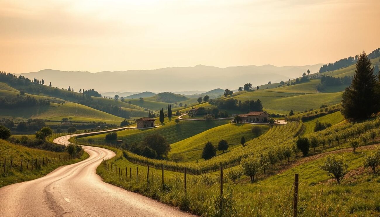 A picturesque rural landscape in the Italian countryside, featuring winding roads flanked by lush rolling hills, dotted with quaint villages and pastoral scenes. In the foreground, a meandering country road leads the viewer through a patchwork of verdant fields and orchards, the air filled with the aroma of aging cheeses. In the middle ground, traditional stone farmhouses and rustic barns nestle amidst the undulating terrain, while in the distance, the silhouettes of the Italian Alps rise majestically against a warm, golden-hued sky. The scene evokes a sense of timeless tranquility and the rich gastronomic heritage of Italy's cheese-making regions.