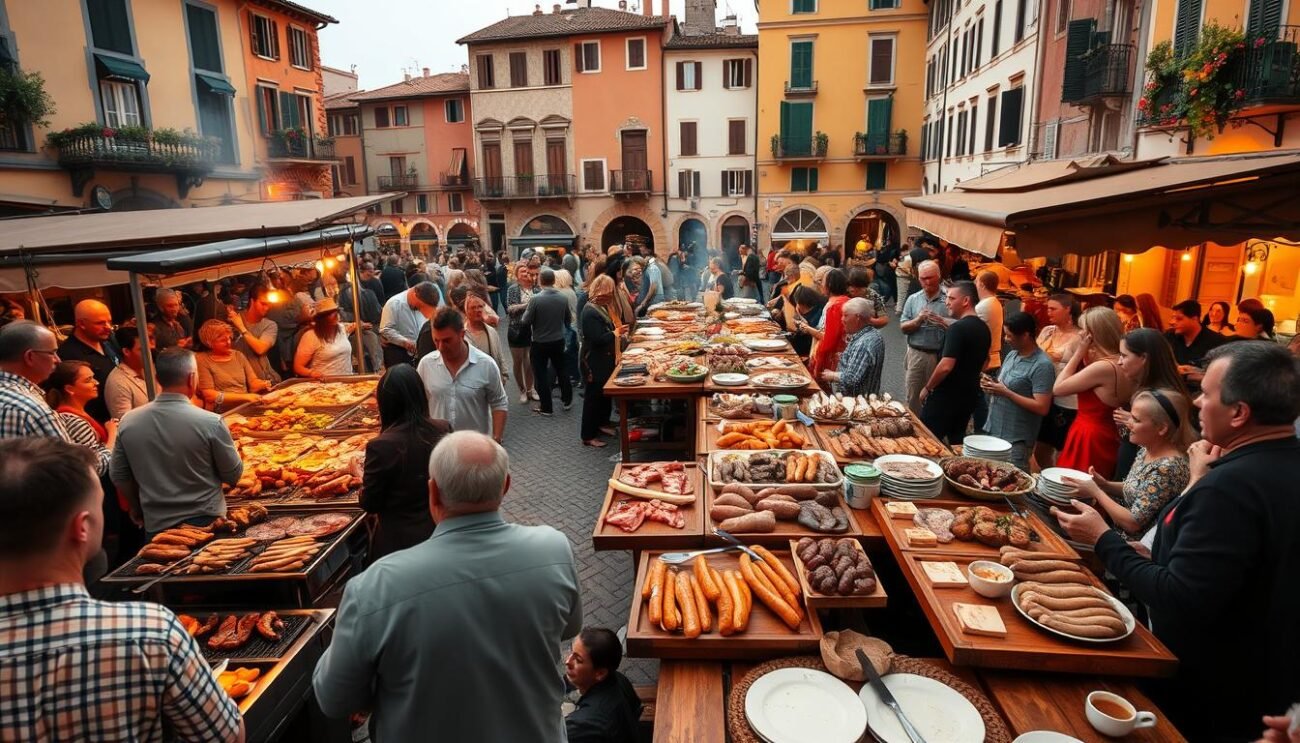 A picturesque scene of a traditional Italian "sagra della carne" (meat festival) in a lively village square. The foreground features a bustling crowd gathered around sizzling grills, with vendors enthusiastically serving up an array of succulent meat dishes. In the middle ground, long tables are laden with platters of local cured meats, sausages, and roasted specialties, surrounded by cheerful diners enjoying the feast. The background showcases charming Italian architecture, with colorful facades and cobblestone streets, creating a warm and inviting atmosphere. Warm, golden lighting casts a cozy glow, capturing the essence of this age-old celebration of Italian carnivorous culinary traditions.