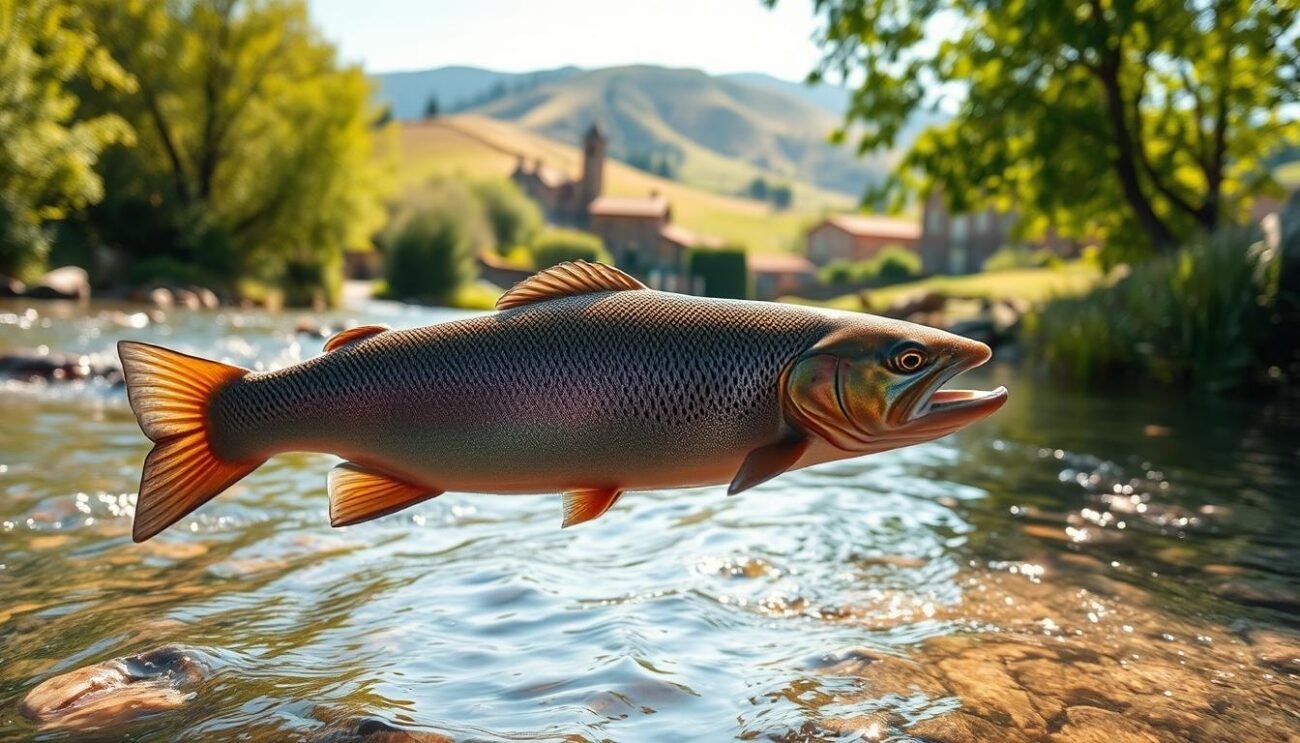 A picturesque trout swimming gracefully through a babbling brook, its shimmering scales catching the dappled sunlight filtering through the lush, verdant foliage along the riverbank. The trout's muscular form effortlessly cuts through the crystal-clear waters, its fins undulating with a gentle rhythm. In the background, a quaint Umbrian countryside landscape unfolds, with rolling hills, ancient stone farmhouses, and the distant silhouette of the Apennine Mountains. The scene evokes a sense of timeless tradition and the deep-rooted connection between the people of Umbria and the local bounty of their streams and rivers.