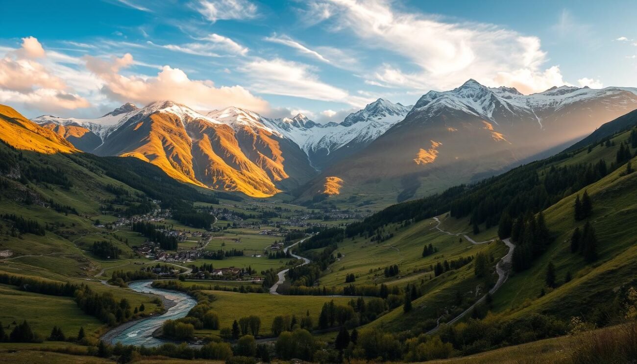 A picturesque valley nestled amidst the majestic Italian Alps, with winding roads, charming villages, and verdant meadows. Dramatic, snow-capped peaks rise in the distance, casting long shadows across the rolling landscape. Warm, golden sunlight filters through wispy clouds, illuminating the rugged terrain and lush foliage. In the foreground, a tranquil stream meanders through the valley, its gentle waters reflecting the surrounding natural beauty. The scene evokes a sense of serenity and timelessness, capturing the essence of the Valtellina region and the renowned Bitto cheese that hails from this breathtaking alpine setting.