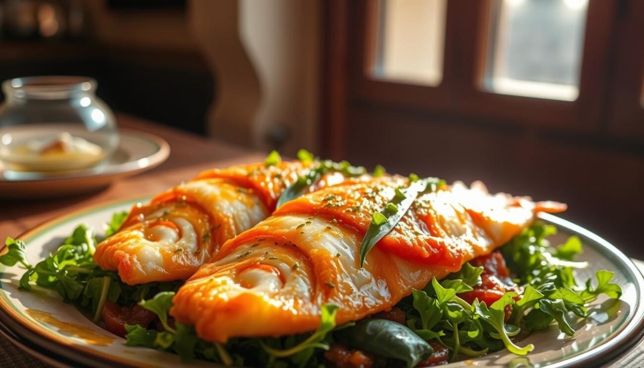 A platter of golden-fried fillets of fresh red mullet, glistening with a flavorful Guazzetto Romano sauce. The seafood rests atop a bed of tender, vibrant greens, complemented by a sprinkle of fragrant herbs and a drizzle of olive oil. Warm sunlight filters through a window, casting a soft, natural glow over the delectable dish. The scene evokes the rustic charm of a traditional Roman trattoria, inviting the viewer to savor the authentic flavors of this classic Lazio recipe.