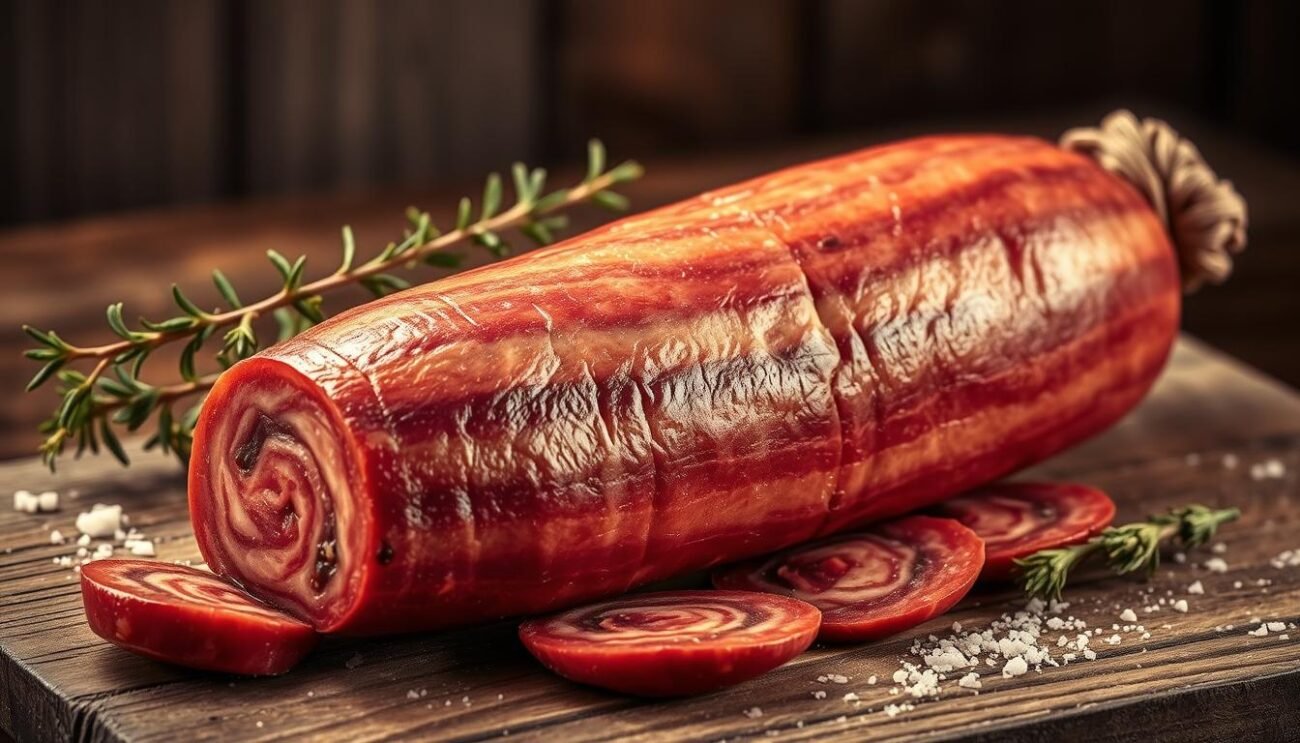 A plump, glistening salame d'Oca di Mortara, its rich mahogany hue and intricate marbling visible under the warm glow of a vintage-inspired light. Nestled amidst a rustic setting, the sausage rests atop a weathered wooden surface, complemented by a sprig of fragrant herbs and a sprinkle of coarse salt. The composition evokes the traditional craftsmanship and proud Lombard heritage behind this iconic Italian charcuterie. A soft, sepia-toned filter lends an air of timeless elegance, transporting the viewer to a bygone era of artisanal excellence. A plump, glistening salame d'Oca di Mortara, its rich mahogany hue and intricate marbling visible under the warm glow of a vintage-inspired light. Nestled amidst a rustic setting, the sausage rests atop a weathered wooden surface, complemented by a sprig of fragrant herbs and a sprinkle of coarse salt. The composition evokes the traditional craftsmanship and proud Lombard heritage behind this iconic Italian charcuterie. A soft, sepia-toned filter lends an air of timeless elegance, transporting the viewer to a bygone era of artisanal excellence.