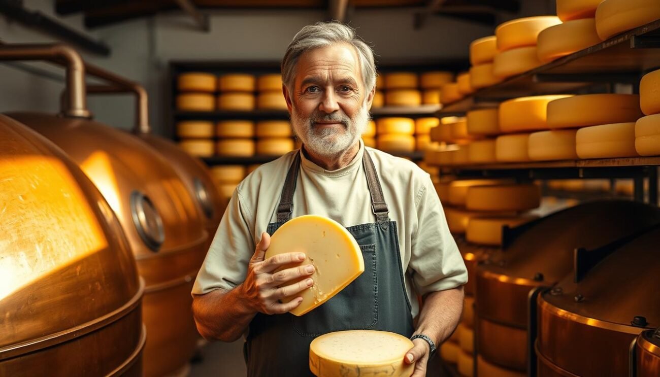 A professional cheesemaker standing proudly in a traditional Italian cheesemaking facility, surrounded by copper vats and aging wheels of cheese. Warm, natural lighting illuminates the scene, casting a soft glow on the cheesemaker's weathered face, reflecting their years of experience and dedication to the craft. In the background, shelves laden with carefully curated wheels of artisanal cheese hint at the rich history and cultural significance of Italian cheesemaking. The cheesemaker's hands, calloused from years of hands-on work, hold a freshly cut wheel, showcasing the culmination of their skills and the region's unique terroir.