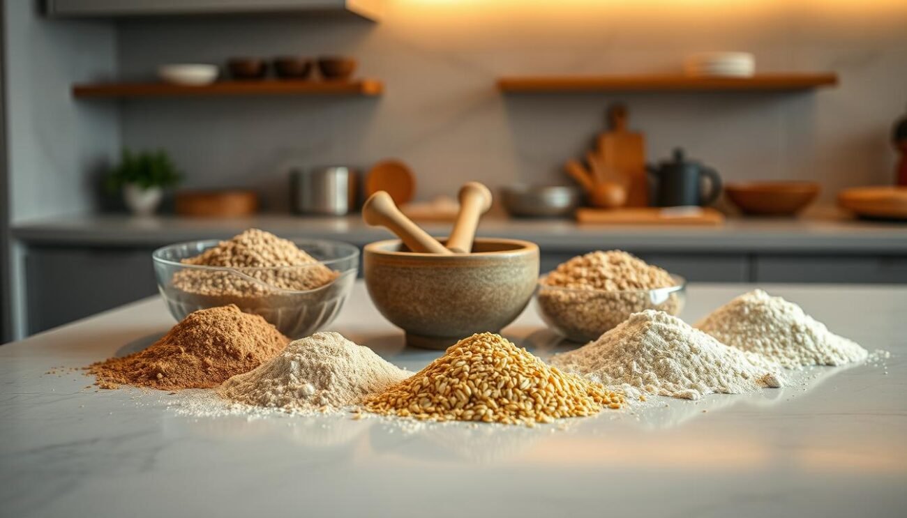 A professional chef's workspace, showcasing an array of alternative flours meticulously arranged on a sleek, modern countertop. The soft, warm lighting casts a subtle glow, highlighting the rich, earthy tones of the castagne, ceci, and lupini flours. The middle ground features a mortar and pestle, hinting at the careful blending process. In the background, a backdrop of neutral tones and clean lines creates a sense of balance and focus, emphasizing the culinary expertise required to achieve professional-grade results with these unique ingredients. A professional chef's workspace, showcasing an array of alternative flours meticulously arranged on a sleek, modern countertop. The soft, warm lighting casts a subtle glow, highlighting the rich, earthy tones of the castagne, ceci, and lupini flours. The middle ground features a mortar and pestle, hinting at the careful blending process. In the background, a backdrop of neutral tones and clean lines creates a sense of balance and focus, emphasizing the culinary expertise required to achieve professional-grade results with these unique ingredients.