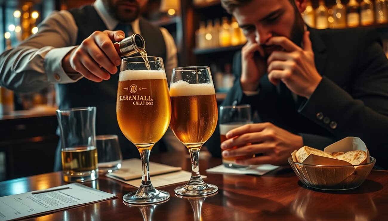 A professional tasting of a premium Italian craft beer in an elegant, dimly lit bar. The bartender carefully pours the golden liquid into a crystal glass, releasing a bouquet of hoppy, malty aromas. The glass is placed on a polished wooden table, surrounded by tasting notes, a water carafe, and a small bowl of fresh bread. The bartender observes the beer's clarity, head retention, and lacing as the drinker examines the color and swirls the glass, preparing to savor the complex flavors. The atmosphere is one of focused appreciation, inviting the viewer to immerse themselves in the art of beer tasting. A professional tasting of a premium Italian craft beer in an elegant, dimly lit bar. The bartender carefully pours the golden liquid into a crystal glass, releasing a bouquet of hoppy, malty aromas. The glass is placed on a polished wooden table, surrounded by tasting notes, a water carafe, and a small bowl of fresh bread. The bartender observes the beer's clarity, head retention, and lacing as the drinker examines the color and swirls the glass, preparing to savor the complex flavors. The atmosphere is one of focused appreciation, inviting the viewer to immerse themselves in the art of beer tasting.
