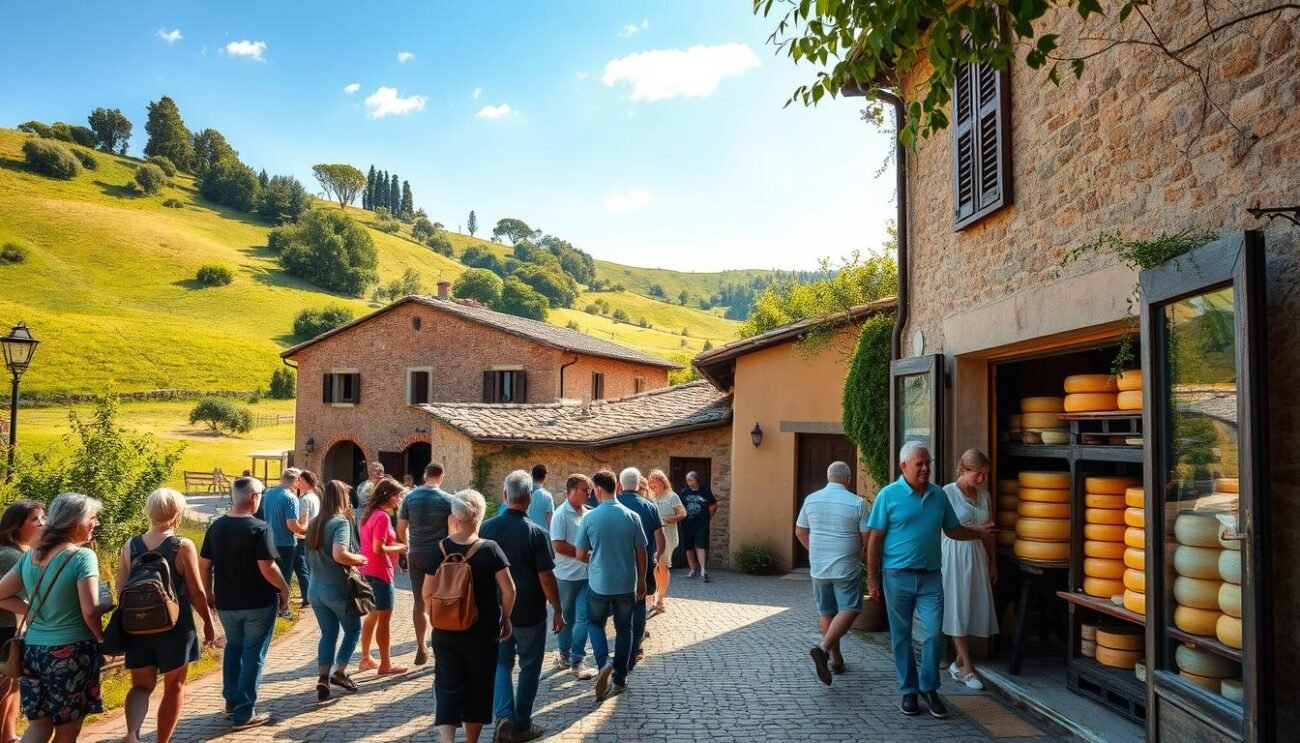 A quaint Italian countryside, sun-dappled and verdant, with a charming caseificio (cheese factory) nestled amidst rolling hills. Visitors stroll along a cobblestone path, peering through the open doors to witness the artisanal cheesemaking process. The air is fragrant with the aroma of aging cheeses, and the warm glow of natural light filters through large windows, casting a cozy, inviting atmosphere. In the foreground, a group of curious onlookers engage with the cheesemakers, learning about the craft and sampling the local specialties. The scene captures the essence of a "visita caseifici" - an authentic, immersive experience that celebrates the rich, time-honored traditions of Italian cheese production.