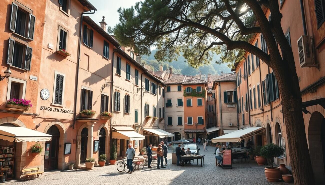 A quaint Italian village nestled in the picturesque hills, Gorgonzola Borgo Gorgonzola is the birthplace of the iconic Gorgonzola cheese. The cobblestone streets wind through historic buildings with warm, weathered facades, their windows adorned with colorful flower boxes. In the central piazza, artisanal cheese shops and cafes create a lively atmosphere, the aroma of ripening Gorgonzola permeating the air. Sunlight filters through the canopy of ancient trees, casting a soft, golden glow over the scene. Locals gather, sharing stories and traditions that have been passed down for generations, celebrating the deep bond between this cherished community and its legendary dairy product.